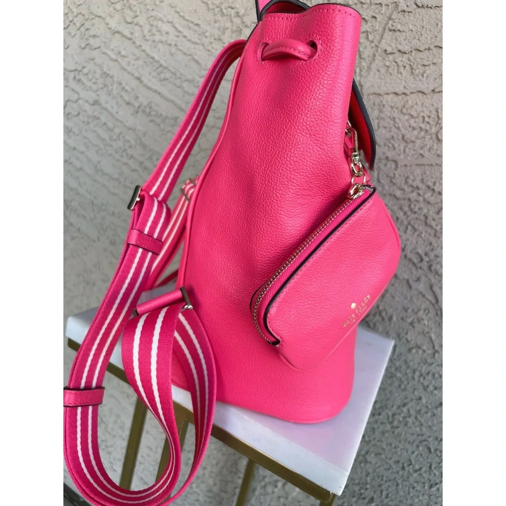 KATE SPADE Pink Leather Rosie Medium Flap Backpack w Keychain Pouch Stripe Strap